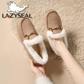 LazySeal Metal Zincir Aralık Kadınlar Flats Yumuşak Taban Kürklü Sıcak Kadın Ayakkabı Sığ Kısa Peluş Bayanlar rahat ayakkabılar Yuvarlak Ayak Ayakkabı