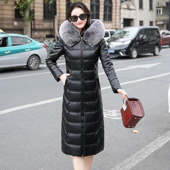 M-7XL Kadınlar Uzun Deri uzun kaban Kış Yeni Moda Kalınlaşmak Kapşonlu Gerçek Tilki Kürk Yaka İnce Koyun Derisi Beyaz Ördek Aşağı Palto