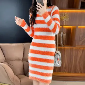 Moda V Yaka Örme Gevşek Çizgili günlük elbiseler Kadın Giyim 2023 Sonbahar Yeni Uzun Kollu Kore Mini Elbise