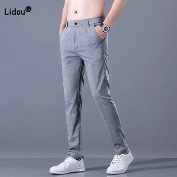 Moda İnce Moda erkek Ekose Pantolon 2023 Yeni Tüm Maç Rahat Rahat Cepler düz pantolon Yaz Erkek Giysileri