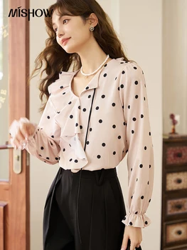 MİSHOW kadın Fransız Polka Dot Zarif Gömlek 2023 Sonbahar Vintage Bluz Fırfır Uzun Kollu V Boyun Ofis kadın bluzları MXC45X1300