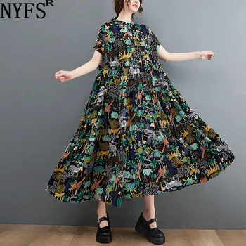 NYFS 2022 Yaz Yeni Gevşek Vintage Kadın Elbise Vestidos Robe Elbise Moda Baskı Kısa Kollu Gömlek Elbiseler
