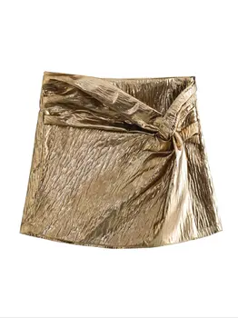 Nlzgmsj TRAF 2024 Düğüm Mini Etek Şort Kadın Altın Kadın Skort Pilili Yüksek Bel Şort Kadınlar İçin Zarif kısa pantolon
