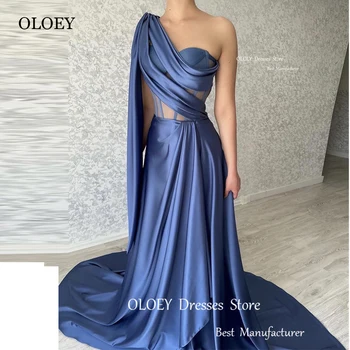 OLOEY Tozlu Mavi Mermaid balo kıyafetleri Kadınlar İçin 2023 Saten Bir Omuz Boning Pleats Uzun Pelerin Kollu Abiye giyim