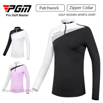 PGM Golf Kıyafeti Kadınlar için Fermuar Yaka Spor Üstleri İnce Patchwork Golf Gömlek Bayanlar Uzun kollu Streç T-Shirt Spor S-XL