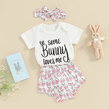 Paskalya Kıyafet Bebek kız Kısa Kollu Tavşan Romper Tops şort takımı Kafa Bandı 3 Adet yaz giysileri