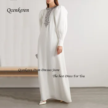Qcenkern Beyaz O-Boyun Boncuk Balo elbisesi Ince Krep Düz gece elbisesi Kat Uzunlukta Uzun Kollu Parti Dubai Elbisesi