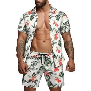Rahat Baskılı Erkek Pamuk Keten erkek Kıyafetler Kısa Kollu Düğme Gömlek plaj şortu İki Set Yeni Yaz