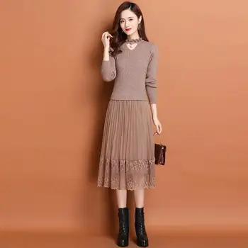 Rahat Sahte İki Adet Pilili Örme Elbise Kadınlar Vintage Uzun Kollu Dip Kazak Elbiseler Güz Zarif Midi Vestidos R3