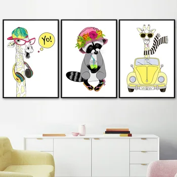 Rakun Zürafa Araba Şapka Çiçek İskandinav Posterler Ve Baskılar duvar sanatı tuval yağlıboya Karikatür Duvar Resimleri İçin Bebek Çocuk Odası Dekor