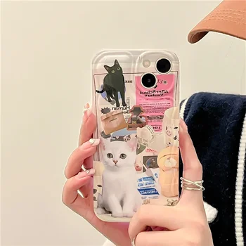 Retro Siyah Kedi Beyaz Yavru çizim Telefon kılıfı İçin iPhone 14 13 11 12 Pro Max XR 14 Artı Xs Max X durumda Sevimli karikatür Kapak