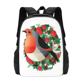 Robin Okul Çantası Büyük Kapasiteli Sırt Çantası Dizüstü Noel Robin Noel Şenlikli Bitkiler Kuş Meyveleri Kış Holly Doğa