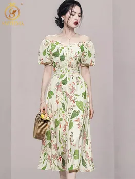 SMTHMA Yeni Yaz Şifon Fransız Tarzı Puf Kollu Çiçek uzun elbise Bayanlar Yüksek Bel Seksi Kapalı tek omuzlu elbise Vestidos