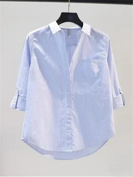 Saf Pamuk Bluzlar kadın Gömlek Dikey Şerit Üst Gevşek Rahat Kadın Bluz Moda Cep Uzun Kollu Düğme Hırka Gömlek