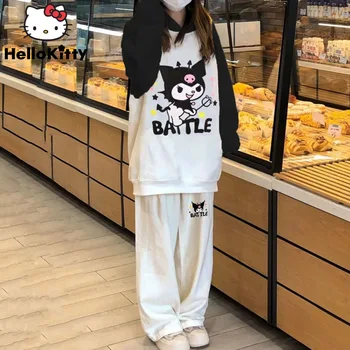 Sanrio Kuromi Moda Uzun Kollu Hoodie Rahat Gevşek Pantolon 2 Parça Eşleşen Seti Y2k Kız Kore Tarzı Takım Elbise Sevimli Üstleri Pantolon