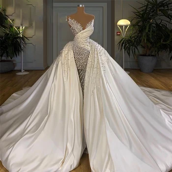 Saten İnci Takı Eşleşen düğün elbisesi 2023 Yeni Zarif Yüksek Kaliteli Kolsuz düğün elbisesi Resmi Gelin Vestidos De Novia