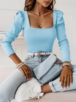 Seksi Bayanlar İnce Üst Moda Kare Yaka Sipariş Boncuk Uzun Kollu T Gömlek Bluz Sonbahar Kadın Streetwear 2023 Zarif Blusas