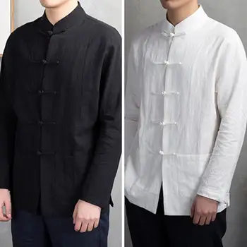 Tai Chi Gömlek Geleneksel Çin Tarzı erkek Mandarin Yaka Gömlek Uzun Kollu Cepler Disk Düğmesi Kung Fu Tai Chi Tang