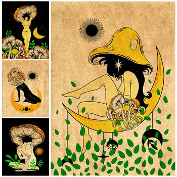 Tanrıça Mantar Ve Cadı duvar sanat dekoru Tanrıça Peri Kadın Witchy Psychedelic Vintage Poster Ve Baskılar Ev Dekorasyon