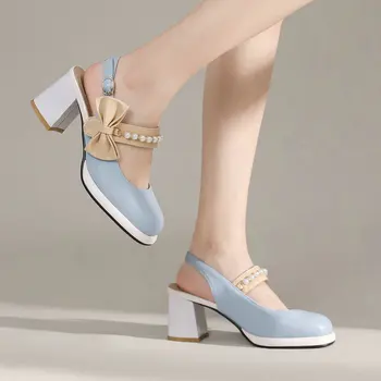 Tatlı Güzel Kızlar Yaz Ayakkabı İnciler Kayış Papyon Düğüm Mavi Ayakkabı Kare Tıknaz Yüksek topuklu Kapalı Ayak Kadın platform sandaletler