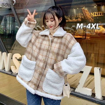 Temel Ceketler Kadın M-4XL Ekose Kalın Kış Sıcak Moda Tiki Tarzı Ulzzang Mujer Chaquetas Kawaii Japonya Gençler Kız Mont