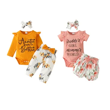 Toddler Bebek Kız 3 Adet Kıyafetler Uzun / Kısa Kollu Yuvarlak Boyun Romper Tops Çiçek Pantolon saç bandı seti