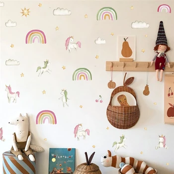 Unicorn Gökkuşağı Duvar Sticker Kendinden Yapışkanlı Toptan çocuk Odası Dekorasyon Çıkartması Bulut Yıldız duvar çıkartmaları 22x41 cm
