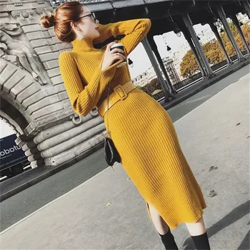 Uzun Diz Boyu Kalın Dipli Yün Elbise kadınlar için Yeni Sonbahar ve Kış 2023 Kalça Sarılmış Yüksek Boyun Bölünmüş örme elbise