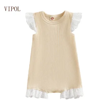 VIPOL Marka Yaz Bebek Kız Bodysuits Dantel Kollu Tatlı 1 Yıl doğum Günü partisi kıyafeti Nervürlü Düz Renk Yeni Doğan Giyim