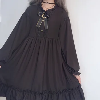 YBYR Lolita Tarzı Kadın Siyah Ruffles Elbise Fener Kollu Japon Harajuku Öğrenci Elbise Tatlı Kawaii Yay Kız şifon elbise