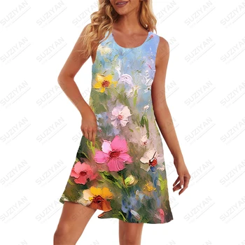 Yaz yeni bayanlar kolsuz elbise yağlıboya çiçek 3D baskılı ladyless kollu elbise moda casual lady kolsuz elbise
