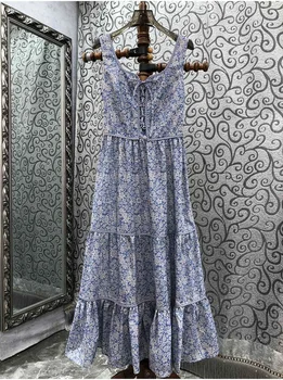Yeni Moda Stil yaz elbisesi 2023 Yüksek kaliteli Giysiler Kadınlar Seksi Çapraz Dize Deco Kolsuz Orta Buzağı Vintage baskı Elbise