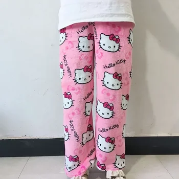Yeni Sanrio Anime Karikatür Hello Kitty Mercan Polar Pijama Pantolon Yumuşak Pantolon Kadın Rahat Ev Pantolon Kawaii doğum günü hediyesi