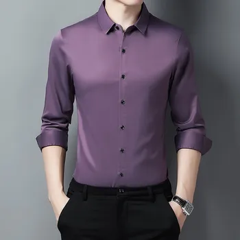 Yeni erkek Uzun Kollu Gömlek İş Rahat Gömlek Slim Fit Düz Renk erkek gömleği