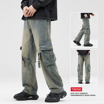Yeni erkek Çok cepler Kargo Kot Unisex Düz Rahat Payetli Pantolon Erkekler Hip Hop Streetwear Vintage moda pantolon 2024