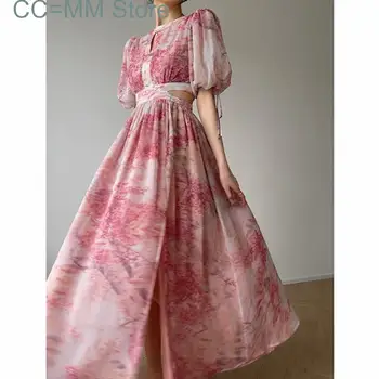 Yeni Çiçek Maxi Elbiseler Kadınlar için Moda Fairycore Puf Kollu O Boyun Elbise Zarif Hollow Out Şifon Elbise