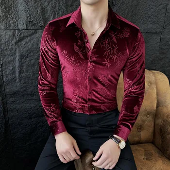 Yüksek Kaliteli Kadife Gömlek Erkekler için Uzun Kollu Elastik Erkek Elbise Gömlek Artı Boyutu Moda Kore İnce erkek Gömlek Streetwear