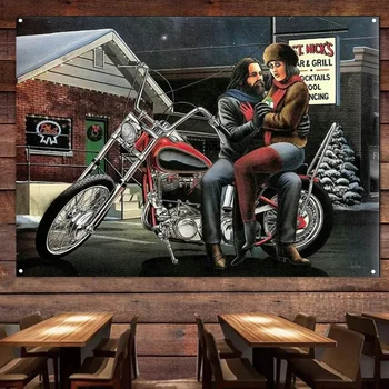 Çift Motosiklet Bayrağı Goblen Afiş Motor Rider Dekor Posteri Duvar Sanatı Vintage İşareti Motorlu Araba Boyama Garaj İçin Adam Mağara