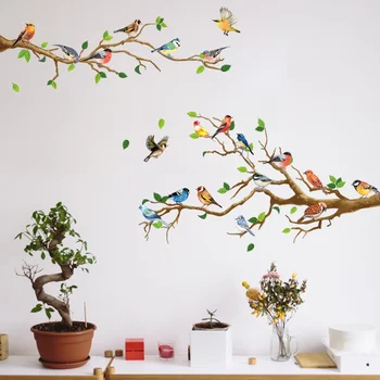 Çin Tarzı Vintage Kuş Sticker Oturma Odası Kanepe Duvar Dekor Çıkartmaları Duvar Sanatı 3D Ağaç Dalı Yeşil Yapraklar Çıkartmaları