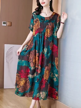 Çiçek Ipek Kısa Kollu Gevşek Bel Midi Elbise Kadın Yaz Lüks Zarif Parti Vestidos Kore Vintage Casual Balo Elbise D57