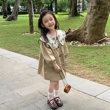 Çocuk Giyim Kız Bebek Yaka İşlemeli Elbise 2024 Bahar Yeni Moda Haki Elbise Uzun Kollu Hırka Ceket Siper