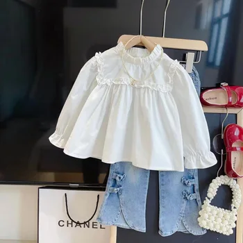 Çocuk Yeni Kız Sonbahar Takım Elbise Düz Renk Uzun Kollu fırfırlı gömlek Alevlendi Kot İki parçalı Set