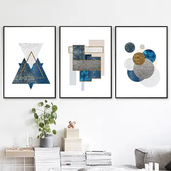 Özelleştirilebilir Poster Soyut Geometrik Modern Mavi Tarzı Boyama Altın Çizgi Sanat Baskı Duvar Resmi Oturma Odası Ev