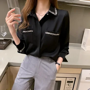 Şifon Ofis Bayan kadın Gömlek Gevşek Moda Katı Bluzlar Bayan Giyim Tam İlkbahar / Yaz Polo Yaka Üstleri YCMYUNYAN